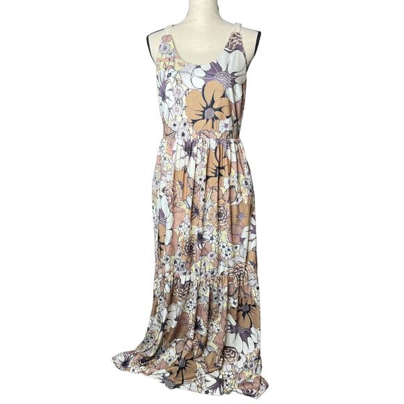 easel Dresses & Skirts - Easel Maxi Dress in Brown Yellow and White Floral Print Crochet Straps Size M